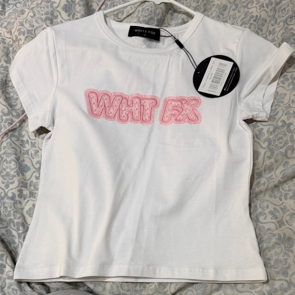 white fox White Tee with Pink Logo